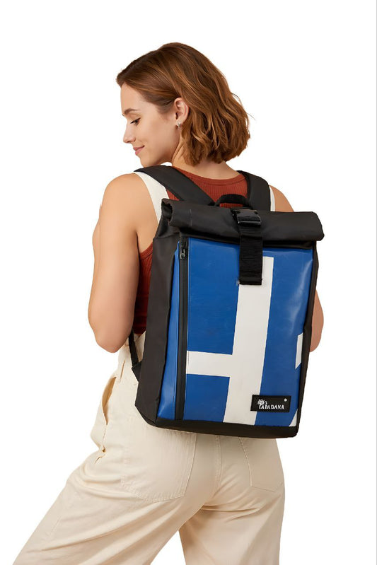 Rolltop Rucksack aus recycelter LKW-Plane | Wasserdicht | Laptopfach | Handgemacht | Unisex